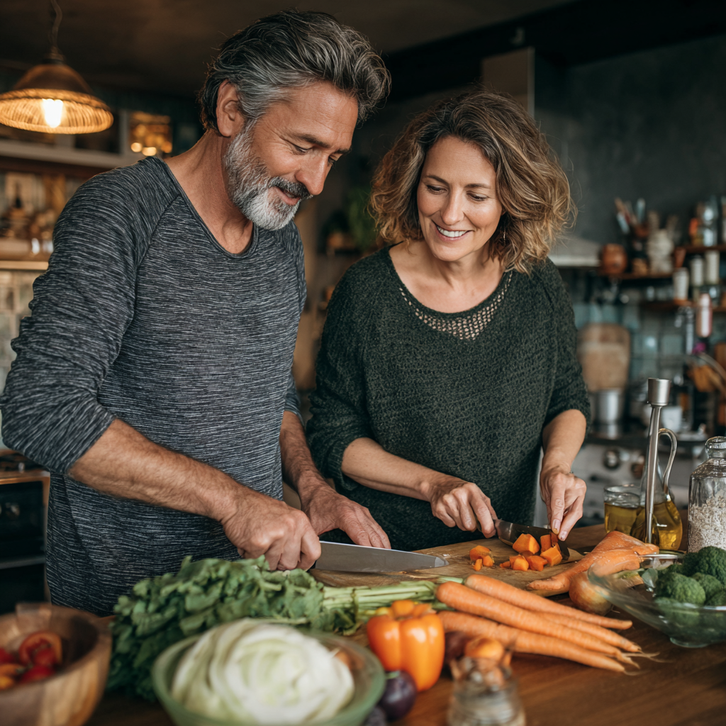 Middle-aged couple preparing healthy balanced meal together in modern kitchen following nutritional guidelines