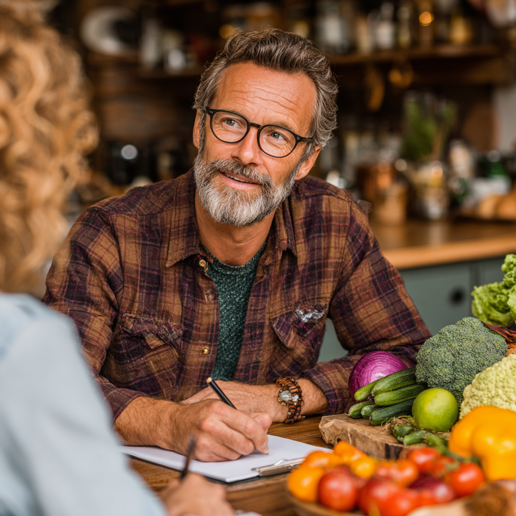 Professional nutritionist consulting with middle-aged client about personalized meal planning and healthy lifestyle